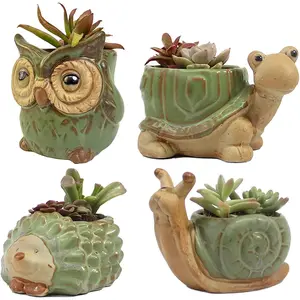 Small Ceramic Succulent Pot with Drainage,  Succulent Planter, 4.4 Inch Flower Pots, for Flower, Cactus, Mini Succulent , Indoor and Outdoor use, Set of 4 Garden