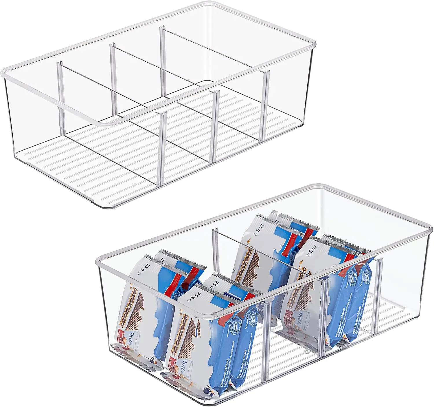 8 Pack Clear Pantry Organizer Bins with Removable Dividers - Plastic Food Storage Bins for Cabinets, Fridge, Snacks, Spice Packets