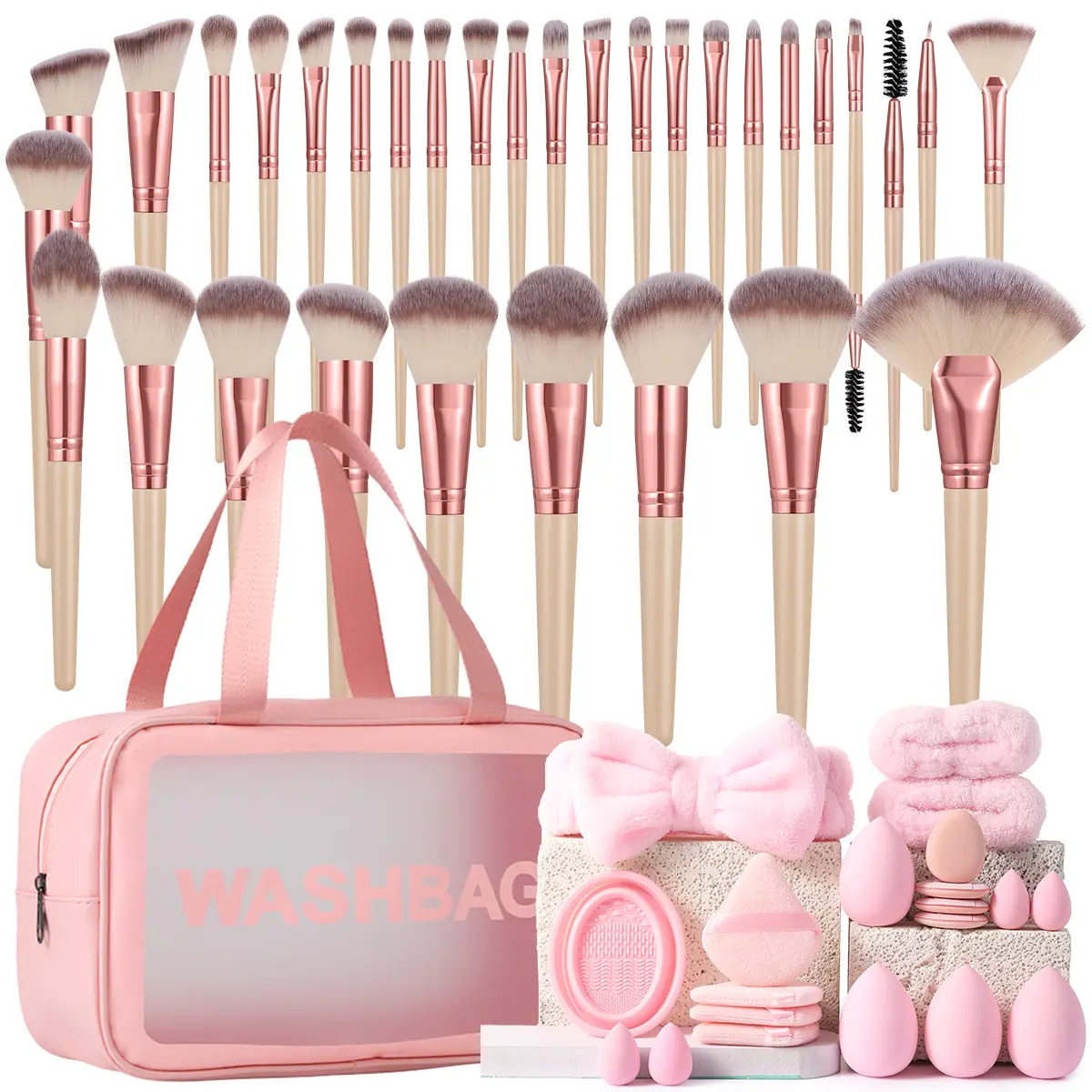 53PCS Makeup Tools Set:Cosmetic Bag Waterproof+Makeup Brush Set+Makeup Sponges+Triangle Powder Puffs+Mini Air Cushion Powder Puffs+Makeup Brush Cleaning Tools+ Hairband+Hand Bowl Strap, Kit,