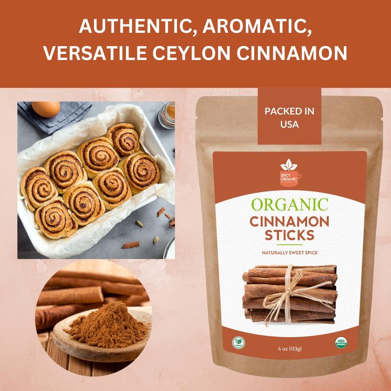 SPICY ORGANIC Ceylon Cinnamon Sticks 4 oz – True Cinnamon Quills from Sri Lanka, 3.5" Premium Ceylon Cinnamon, USDA Certified Organic, Perfect for Recipes, Crafts & Holiday Drinks – Cinnamomum Verum