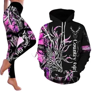 Country Girl Deer Pink Color Hoodie Leggings Sweatpants, Country Girl Hoodie, Long Sleeve Comfortable Tracksuit, Gift For Women