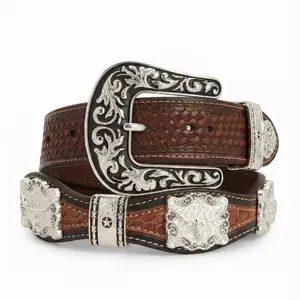 Men's Brown Leather Concho Western Belt - Western Style Cowboy Belt with Chain Element, Stylish Buckle, Metal Hardware, Vintage Appeal