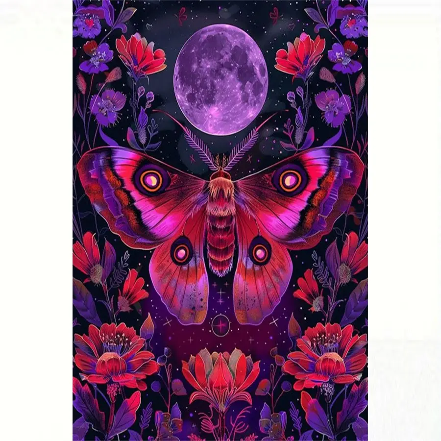 1pc, 5D Dreamy Moon Moth Diamond Painting DIY Diamond Art Purple Floral Insect Sticker Living Room Bedroom Decor