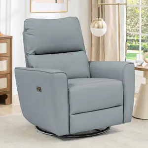 Garvee Power Recliner Chair, 270° Swivel Rocking Glider with USB Charging Port, PU Leather Upholstered Fabric, Ergonomic Modern Nursery Chair for Living Room, Bedroom, Nursery (Gray)