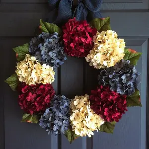 Patriotic & Blue Hydrangea Wreath, Artificial Floral Door Hanging, Realistic Decorative Plastic Blooms, 4th of July Party Decor