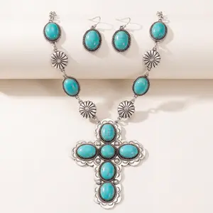 Boho Turquoise Cross Pendant Necklace Earrings Set Western Jewelry for Women