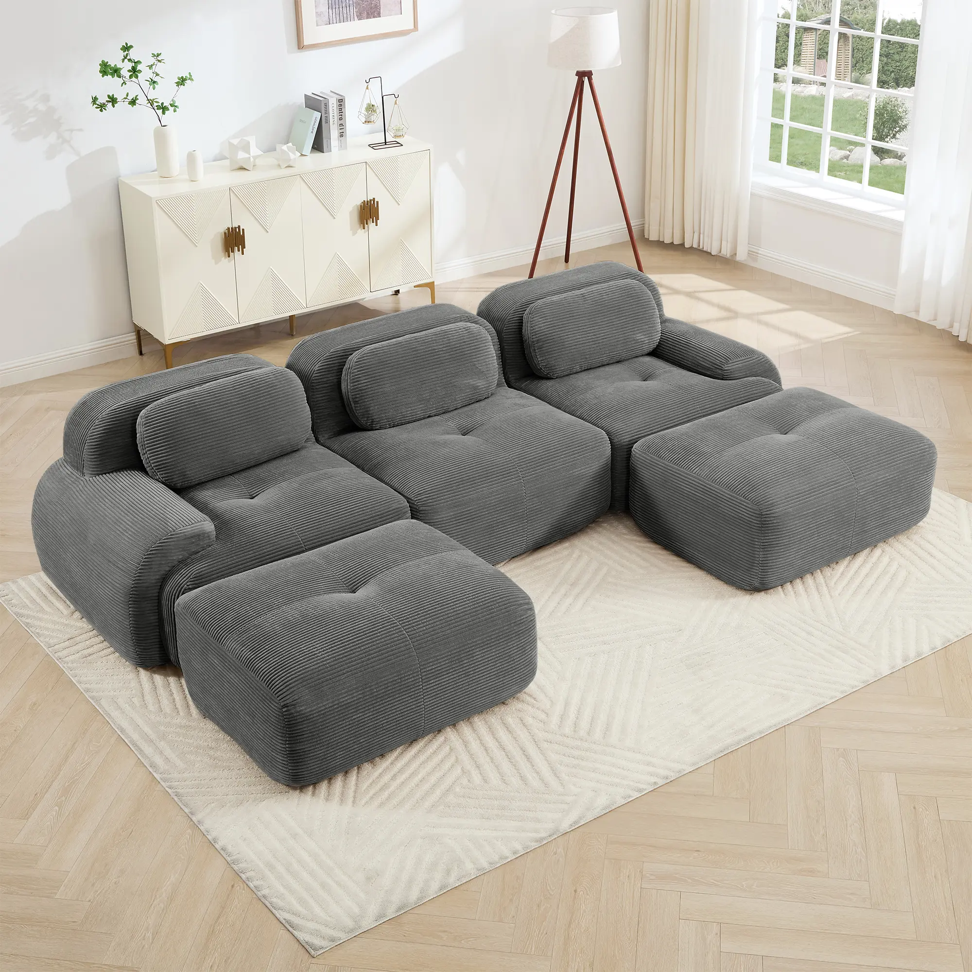Camel Corduroy U-Shaped Modular Sectional Sofa - No Assembly Required, 32D High-Resilience Sponge Cushions, Extra-Wide Curved Armrests, Fixed Arms, Classic Curved Footrest, Anti-Slip Pet-Friendly Indoor Furniture for Living Room, Apartment, Non-Slip Base