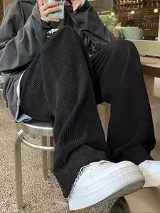 Men's Gingham Plaid Corduroy Pants, Loose-Fit Straight Leg Casual Trousers for Fall & Winter, Daily Wear Outdoor Sports Street Style