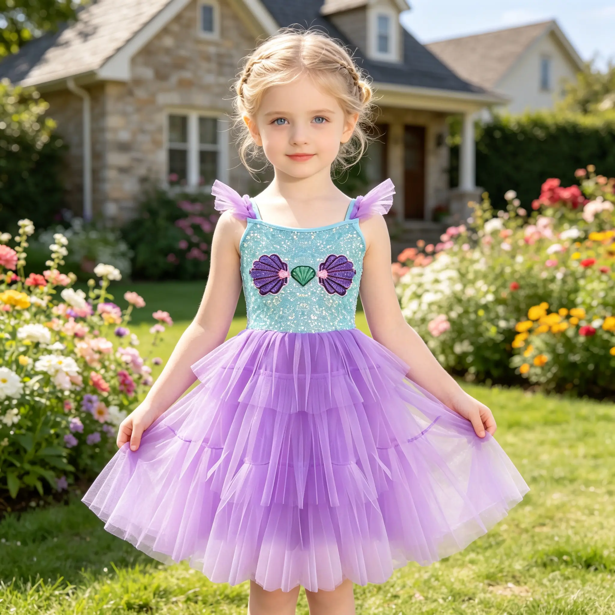 Girls Princess Dress, Mermaid Shell Sequin Tulle Tutu with Ruffle Straps for Birthday Party, Halloween Dress Up, Pageant and Dance Recital