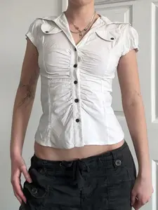 Women's Solid Color Button Front Shirt Blouse Short Sleeve Collared Top for Summer, Ladies Clothes for Daily Wear Button Down Top Button Up Top Casual Classy Top Casual Fashion Wear