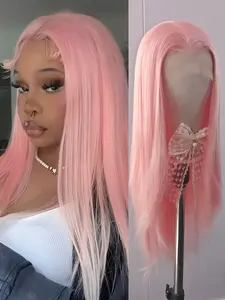Light Pink Straight Synthetic Wig Free Part Natural Hairline Lace Front Wigs for Women Men Use Heat Resistant Fiber Cosplay Party Use 26Inch Pink Hair