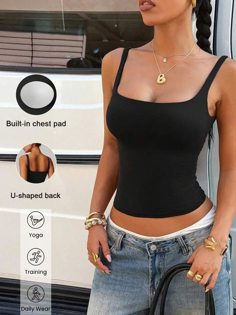 Women's Knitted Square Neck Backless Camisole, Fitted Tank With Built-in Pads For Yoga And Training