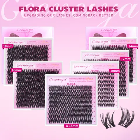 Geeneiya Flora Wispy Cluster Lash Kit - C Curl Eyelash Enhancing False Eyelashes & Adhesives, Matte Waterproof Makeup Products, Mix & Single Sizes, Dramatic Bigger Bright Eyes, Flawless Finish Accessories Kit