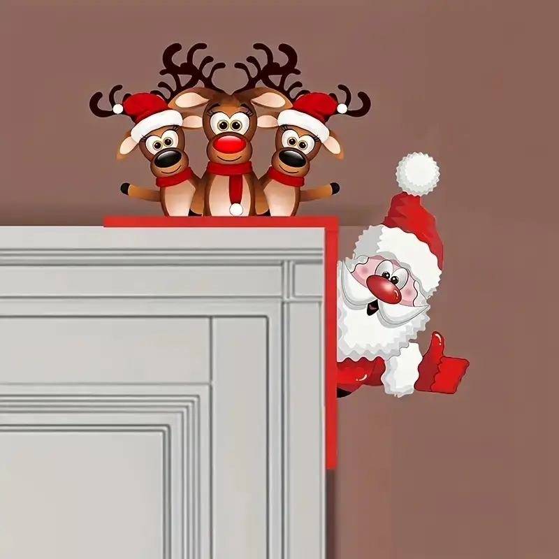 [Classic Manufactured Wood Door Decor] Christmas Door Corner Decoration Set, Classic Style, Manufactured Wood, Festive Santa and Reindeer Design, No Electricity Required, Featherless, for Holiday Seasonal Decor