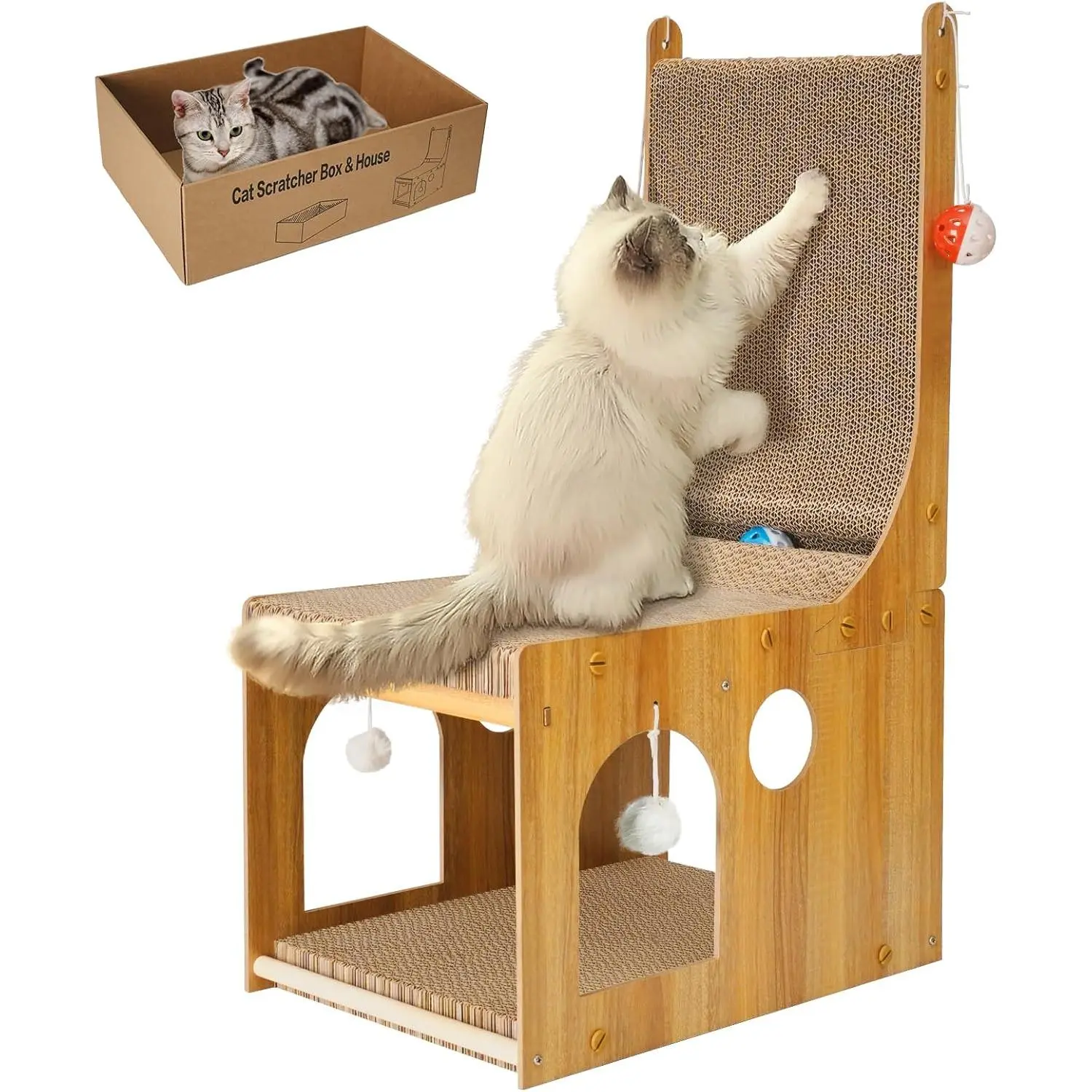 ​Cat scratching board, double-layer cat scratching board, L-shaped vertical cat scratching board, used to protect walls and sofas, cardboard scratching board for cats, equipped with 5 ball-shaped toys, suitable for indoor cats