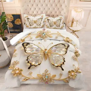 Butterfly-Patterned Bedding Set — 2/3-Piece Jewel-Print Comforter Set. Full-Size Design Fits Most Bed Types; Offers Luxurious, Aesthetic Bedroom Decor That Is Soft and Breathable. Includes 1 Quilt and 1 Or 2 Pillowcases.