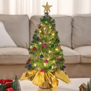 24" Small Christmas Tree with Lights, Table Top Christmas Tree with Star Treetop and Ornaments,Pre-lit Artificial Xmas Tree Green LED Mini Tree for Christmas Decorations
