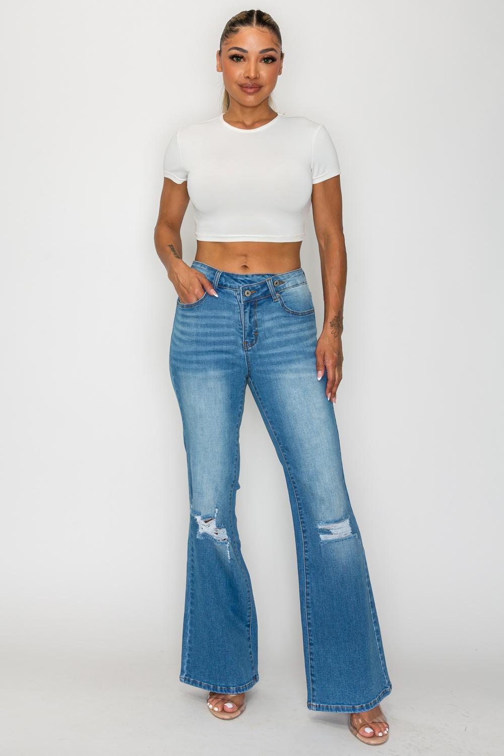 Valerie CANANA Stretchy High Rise Crossover Tapered Ripped Bootcut Jeans for Women SH25F15 Womenswear Comfortable Denim Bell Bottom Outfit Flare Leg Regular Size Plus Size #TikTokShopSpringGlowUp