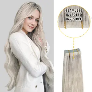 YILITEHAIR Silver Invisible Tape In Extensions Virgin Human Hair Long Straight 14-22In 20Pcs