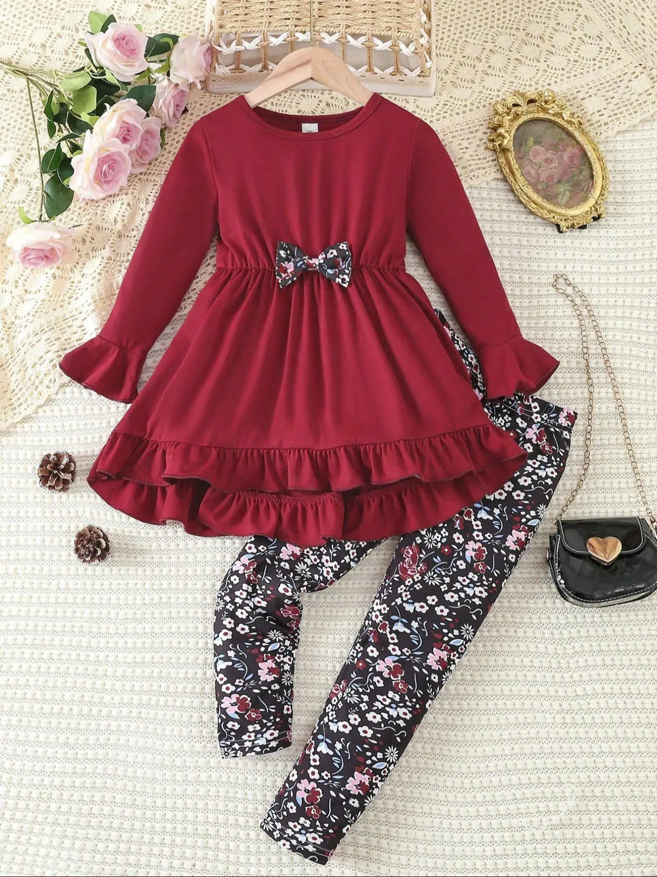 Two-piece Set Girl's Bow Decor Ruffle Hem Top & Floral Print Pants, Casual Asymmetrical Hem Long Sleeve Top & Trousers for Fall & Winter, Kids Clothes