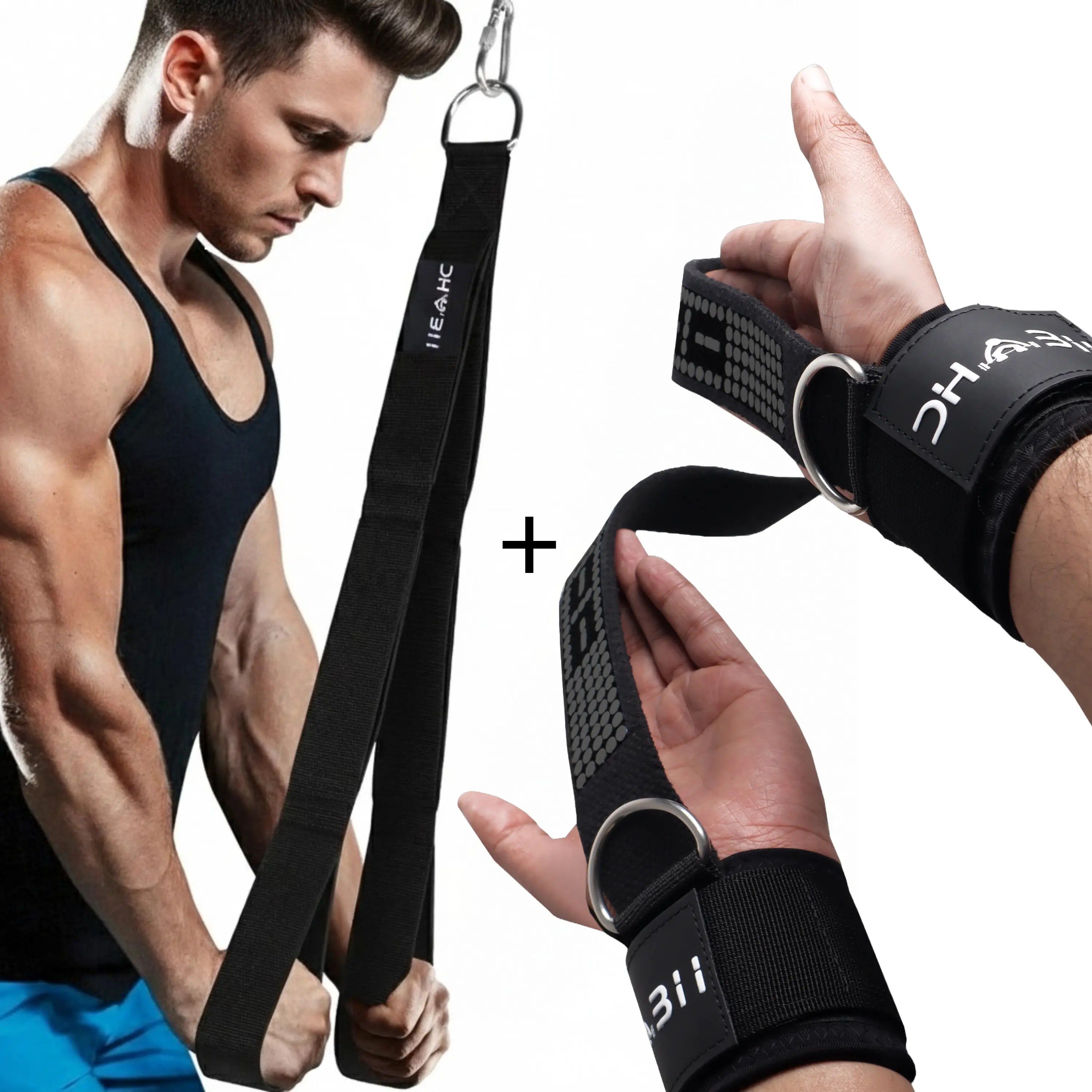 Triceps Rope Cable Attachment & Lifting Straps with D Rings for Cable Machine bundle, Gym Accessories with 6 Anti-Slip Handles for Home or Gym Use, Weight Lifting Straps for Men Women