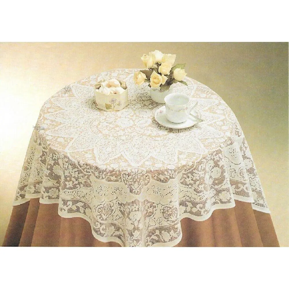 40 in Square Poly-Cotton Floral Lace Tablecloth - Elegant Household Kitchen Textile Tabletop Cover, Machine Washable, Available in White, Cream Colors