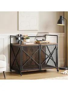 Gaomon 41-in Rustic Brown Furniture-Style Wire Metal Kennel, 100lb Capacity Portable Escape-Proof Kennel with Locking Casters, Removable Tray, Divider, Breathable Indoor Enclosure