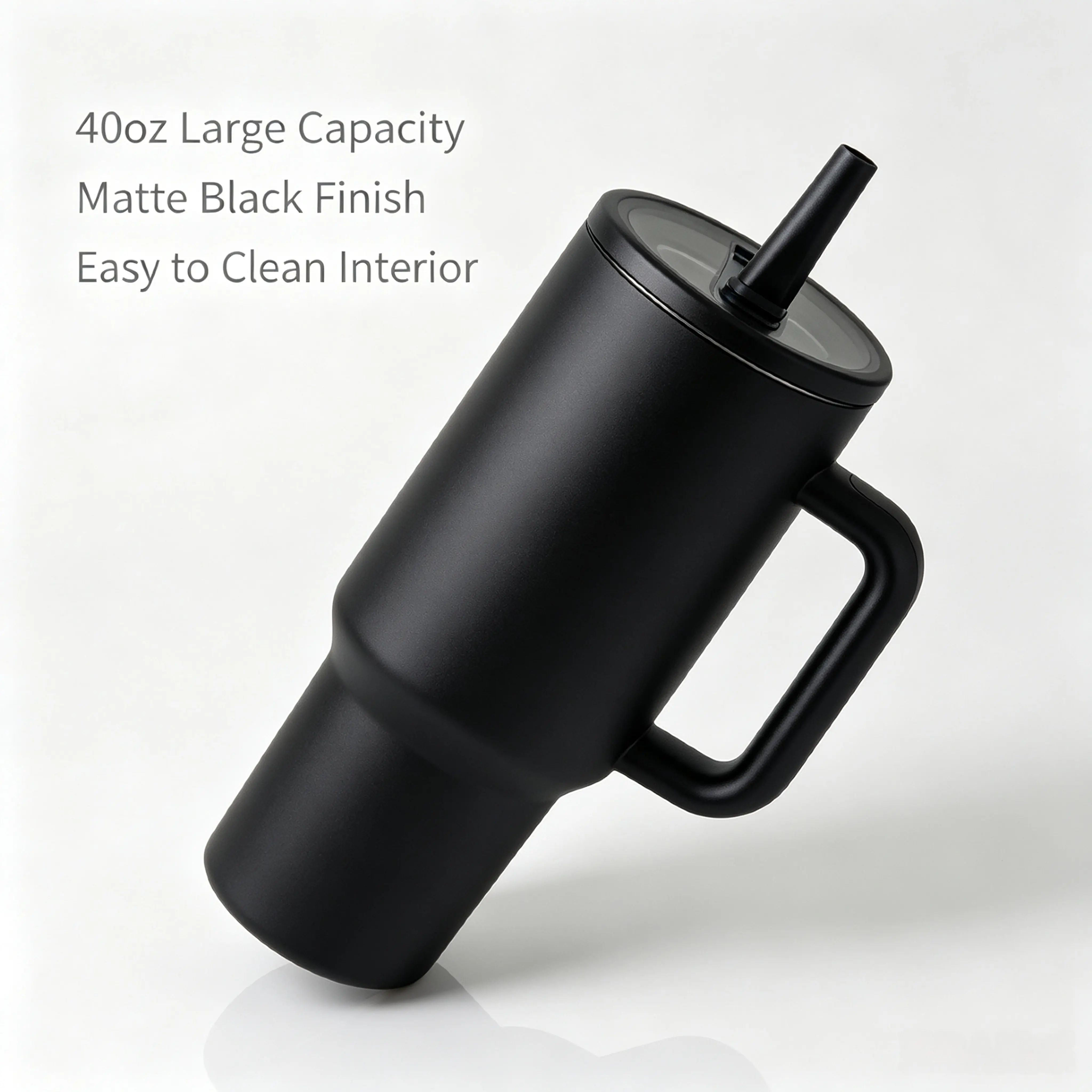 40oz Matte Black Stainless Steel Tumbler With Handle, Leak Proof Slide Lid & Straw, Insulated Travel Mug, Keeps Drinks Cold All Day, Fits Vehicle Cup Holders, Minimalist Aesthetic Water Cup Gift