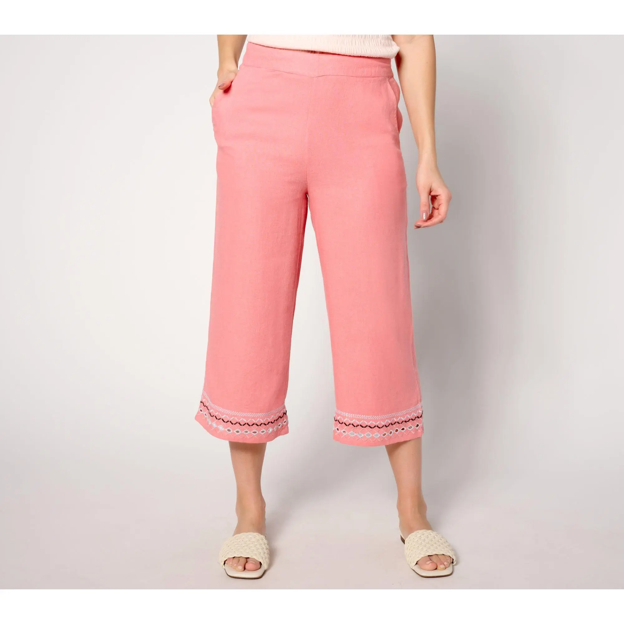 Denim & Co. Naturals Reg Linen Blend Embroidered Capri Pant