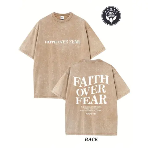 Women's 260g Pure Cotton Short-Sleeve Round Neck T-Shirt, Breathable Fabric, Faith Over Fear Creative Print, Heavyweight Washed Loose Drop-Shoulder Retro Street Casual Unisex Top, Heavyweight Cotton