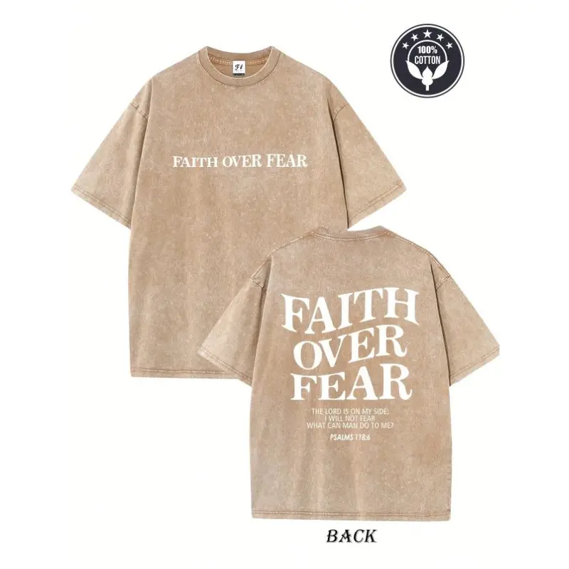 Women's 260g Pure Cotton Short-Sleeve Round Neck T-Shirt, Breathable Fabric, Faith Over Fear Creative Print, Heavyweight Washed Loose Drop-Shoulder Retro Street Casual Unisex Top, Heavyweight Cotton