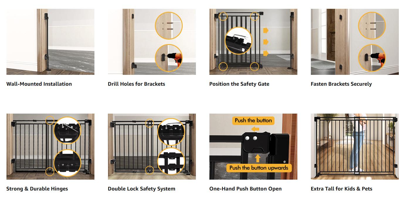 Baby Gate for Stairs Doorways & Kitchen, 26"-44" W x 28" H, No Bottom Bar Dog Gate, One-Handed Auto-Close, Hardware Mount Safety Gate for Dogs & Toddlers, Black/white