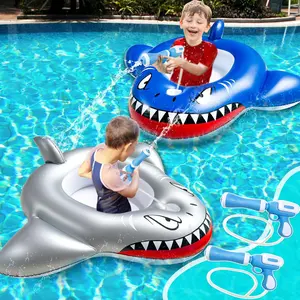 2 Pack Inflatable Shark Pool Floats, Ride-on Toddler Floatie with Safety Seat & 2 Water Squirt Guns, Summer Outdoor Water Game Toys for Kids Aged 3-11 Years, for Boys Girls Swimming Pool Party
