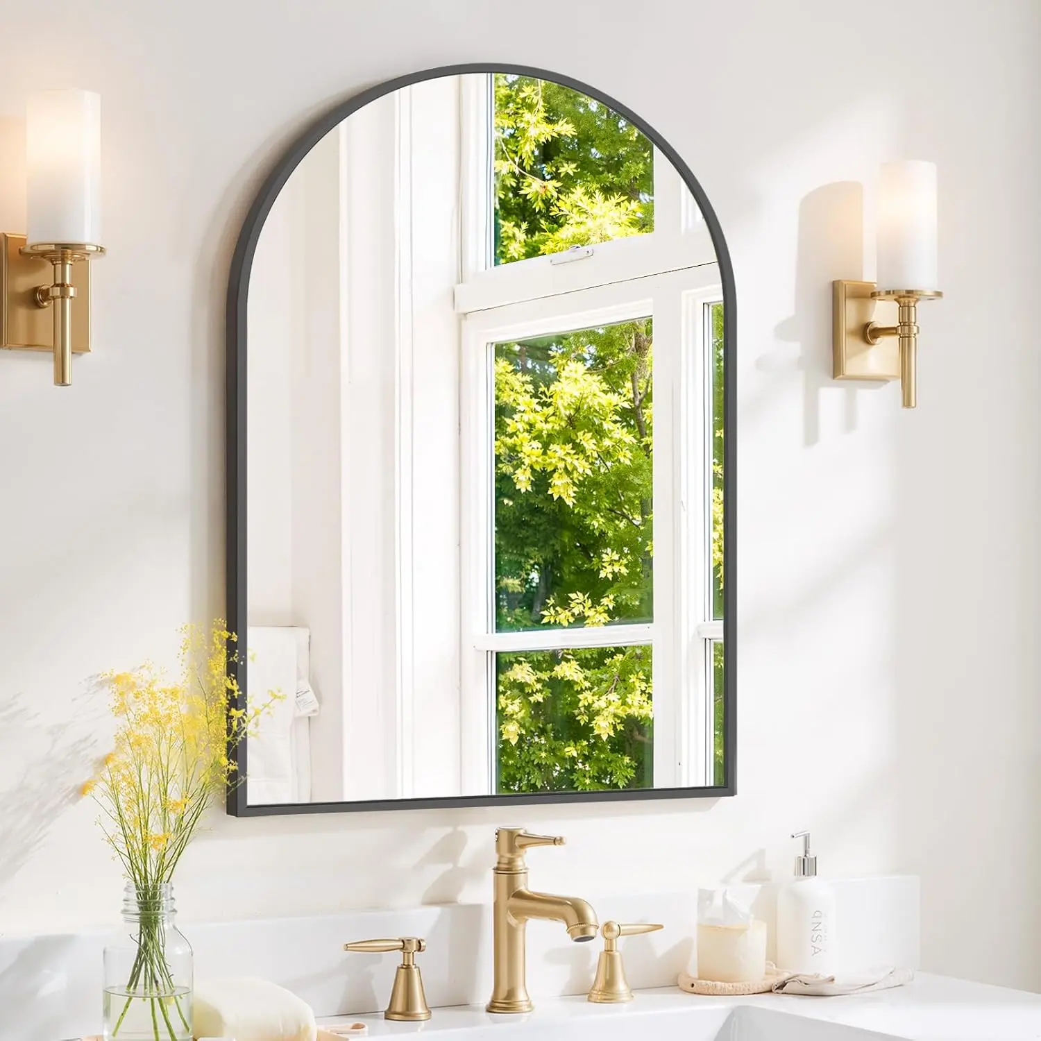 Decorative Modern Wall-Mount Bathroom Mirror - Arched Aluminum Frame, HD Tempered Glass, Shatter-Safe Safety Glass, Rustproof Curve Design, Anti-Fog, Light-Enhanced, 3 Sizes, Black/Gold Home Decor Finish, Vanity Setup