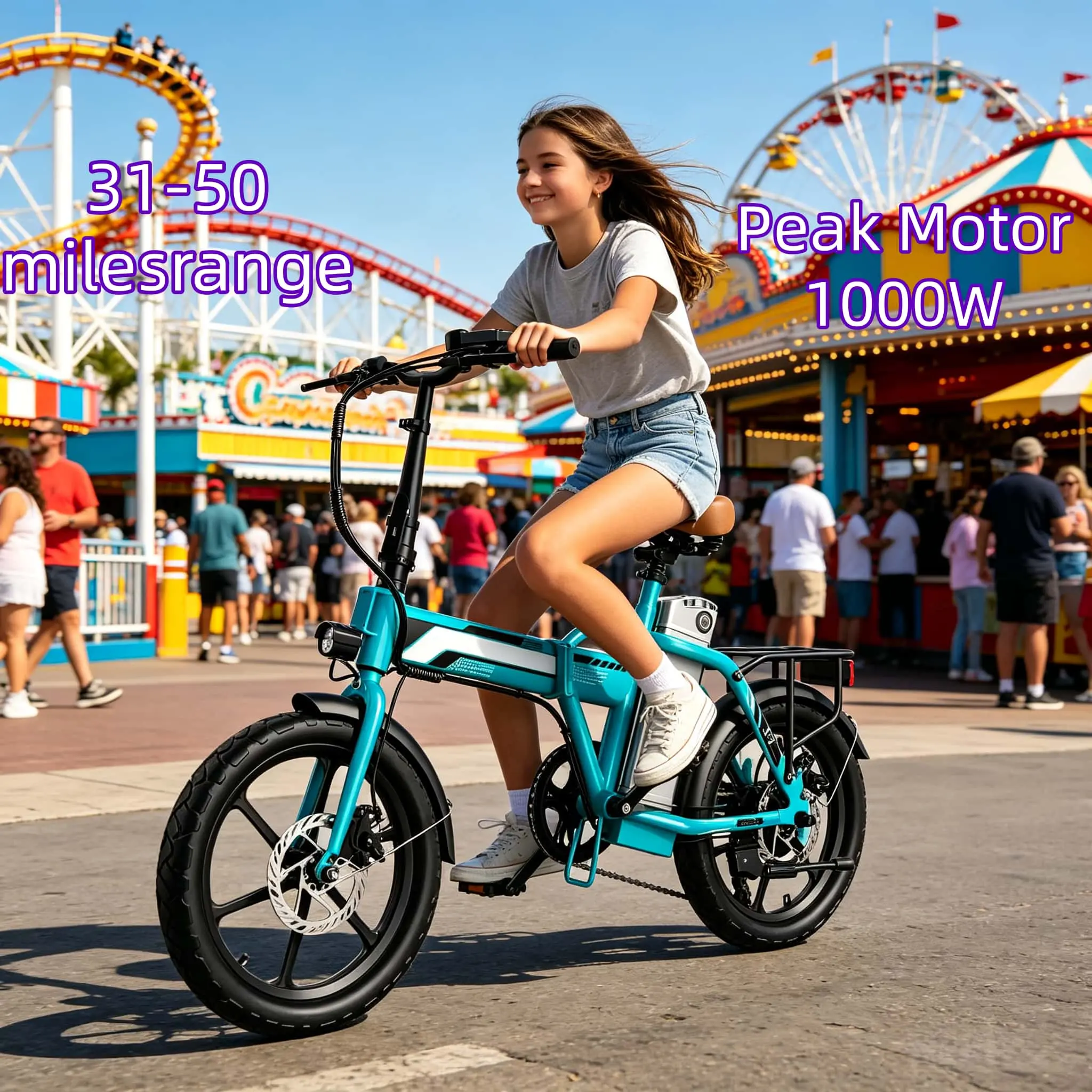 EF2 Foldable Electric Sport Ebike for Adults - 1000W Peak Motor, 20mph Top Speed, 50-mi Cruising Range, Front & Rear Disc Brakes, 3-Step Folding Design for Easy Travel