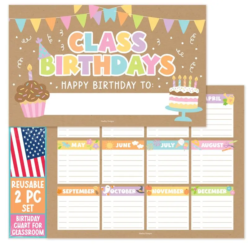 Hadley Designs Birthday Chart for Classroom Bulletin Boards - Dry Erase Reusable Class Birthdays Calendar, Multiple Designs