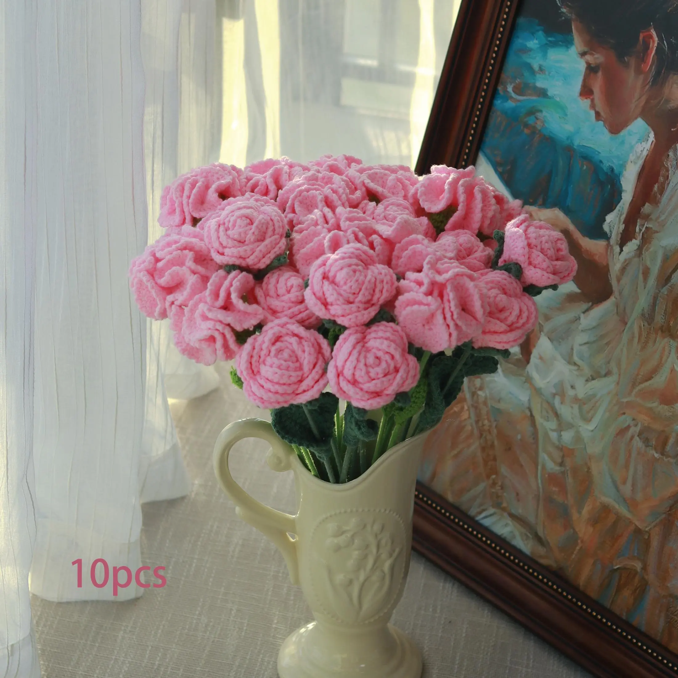 Artificial Rose/Carnation, 10pcs/set Handmade Crochet Flowers, Fake Flower without Vase, Decorative Flower Design Decorations for Home Party Wedding, Faux Rose Bouquet