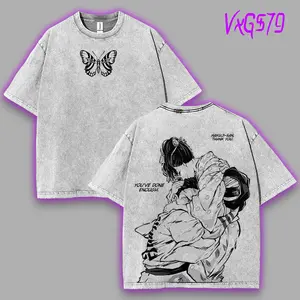Akaza upper moon rank 3 Hakuji x Koyuki Demon Slayer Kimetsu No Yaiba Anime Double Printed Acid Washed Tops Casual graphic tee