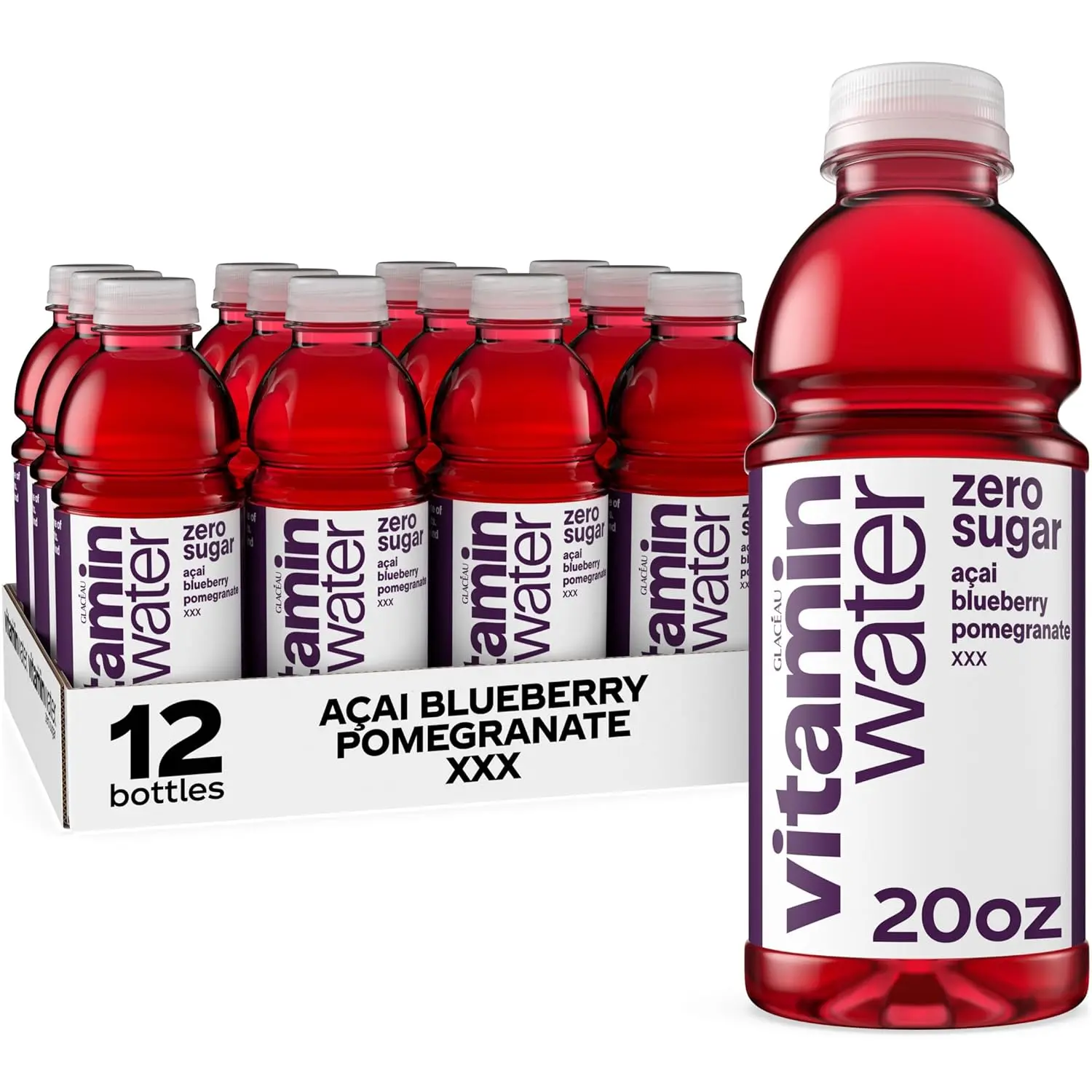 vitaminwater XXX Acai-Blueberry-Pomegranate Zero Sugar, Flavored Water Beverage, 20 fl oz Bottles, 12 Pack