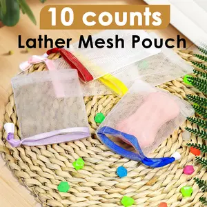 10 Counts Exfoliating Bar Soap Pouch, Double Layer Thicken Foam Net, Bubble Mesh Bags，Random Color，Drawstring for Travel