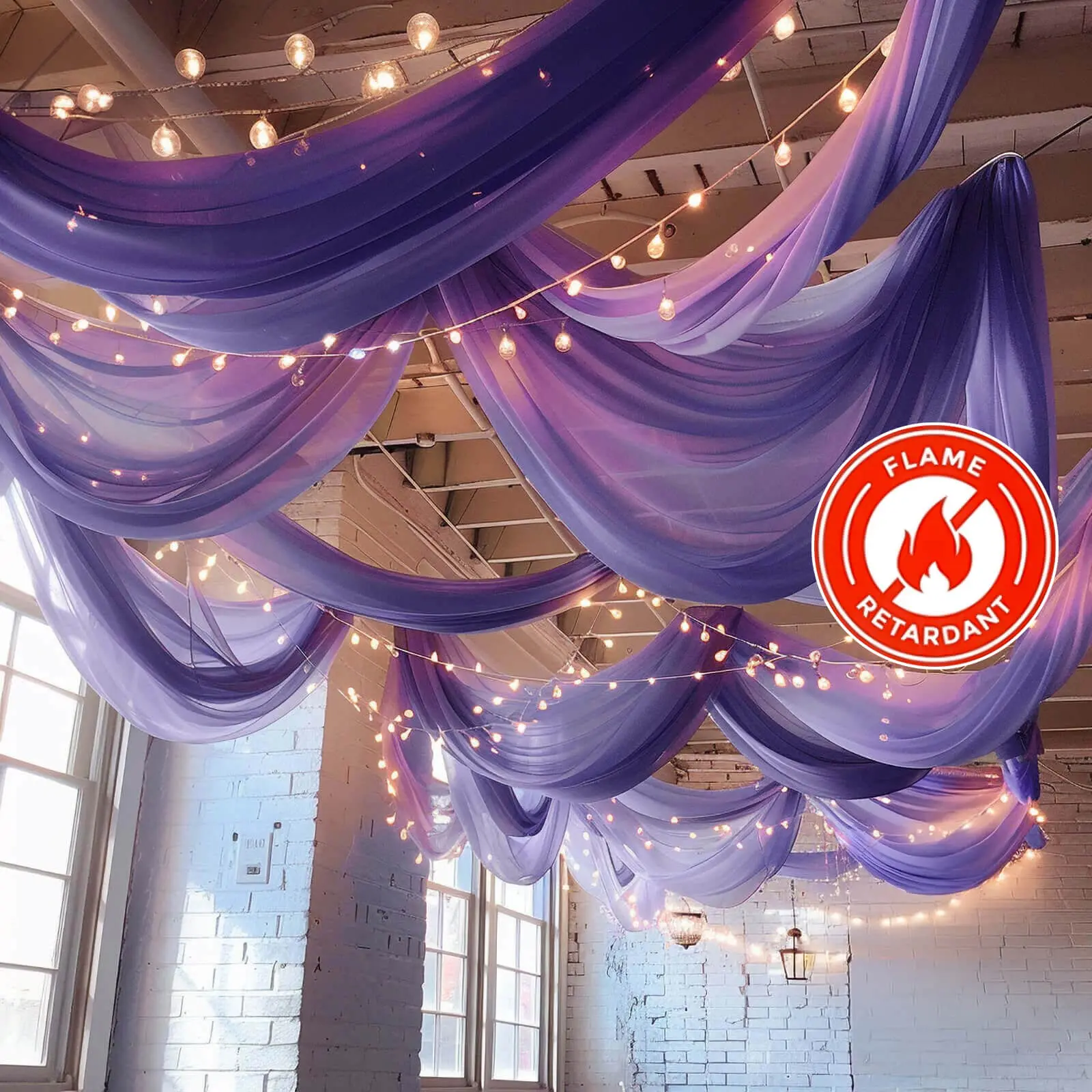 Purple Chiffon Ceiling Backdrop Drapes - 5ftx32ft Flame-Resistant Durable Curtains with Rod Pocket for Birthday Party, Home Festive Decor, Backdrop Curtains
