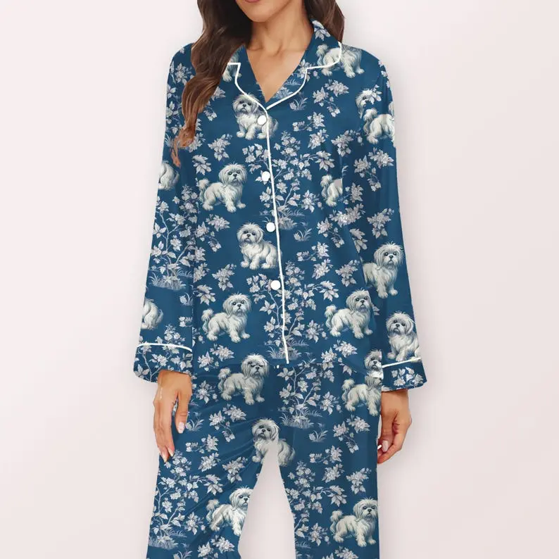 Shih Tzu Toile Pajama – Blue Toile Dog Print Sleepwear, Silky Long Sleeve & Pants Loungewear Gift for Dog Moms and Pet Lovers