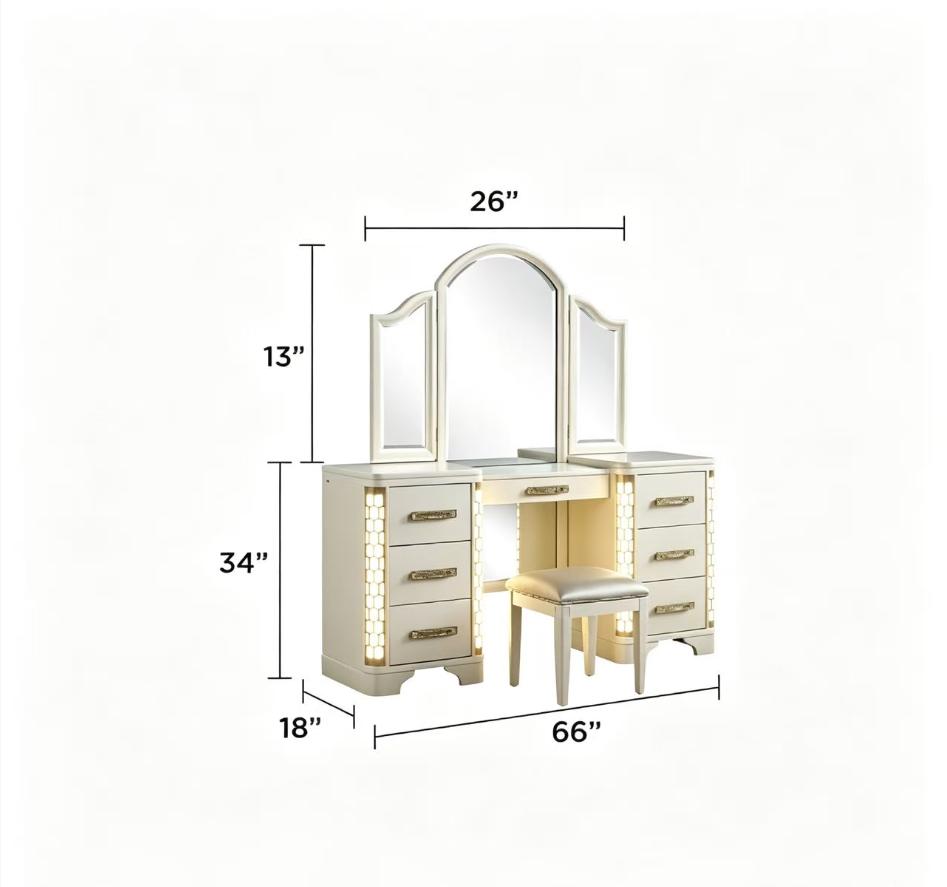 Bellemave JASMINE Queen 4-Pc LED Wood Vanity Set - Beige Indoor Furniture with Vanity, Dresser, Nightstand, Headboard, LED-Light for Bedroom Decor, Dorm Essentials