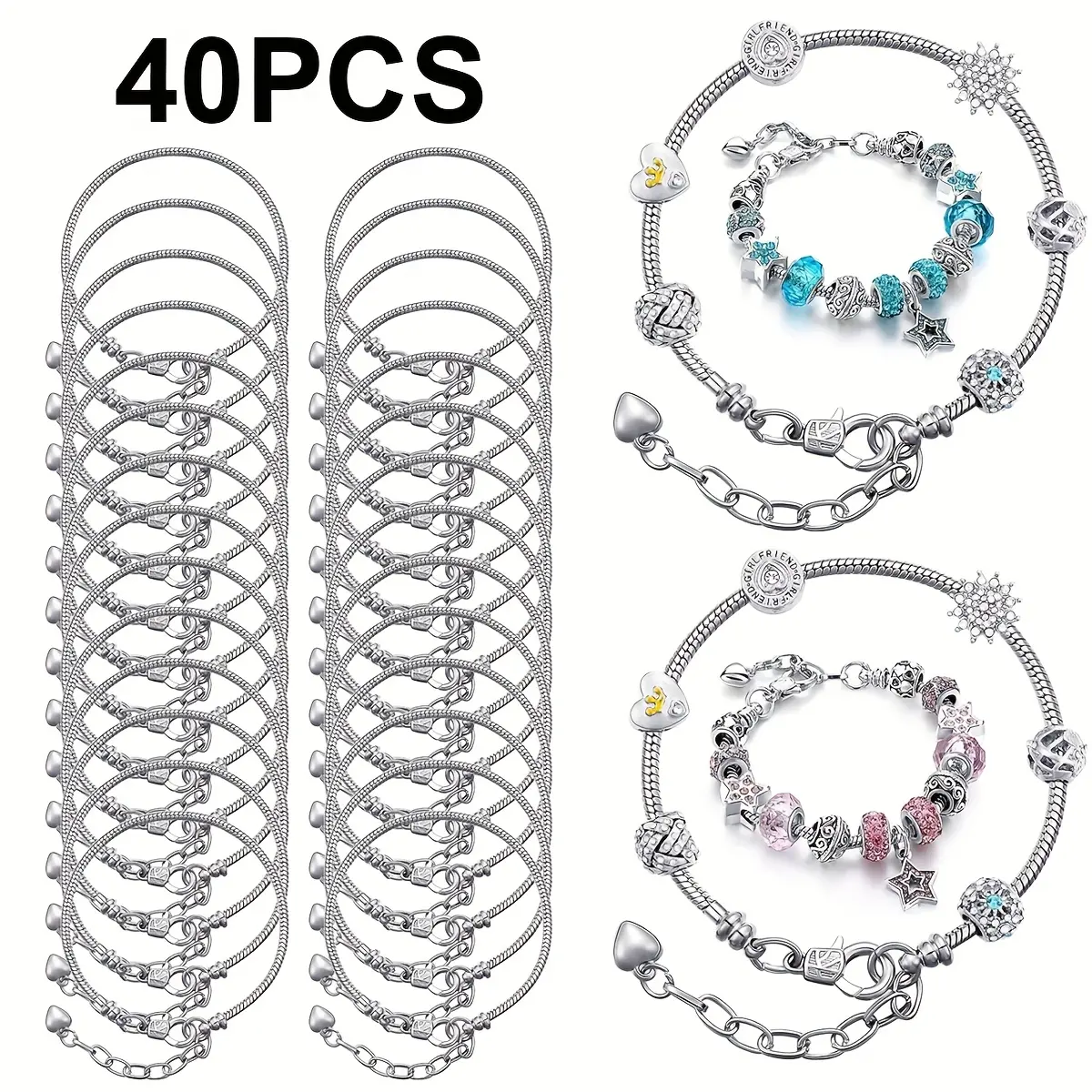 40pcs Beaded Strand Bracelets & Bangles Set, Unisex Adjustable Bands Charm Bracelet with 16cm/6.3in Heart Extension Chain, DIY Bead Pendant Casual Daily Jewelry Making Supplies