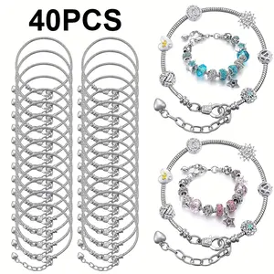 40pcs/set Adjustable Snake Chain Bracelet, DIY Bead Pendant Bracelet with Heart Extension Chain, Suitable for Jewelry Making