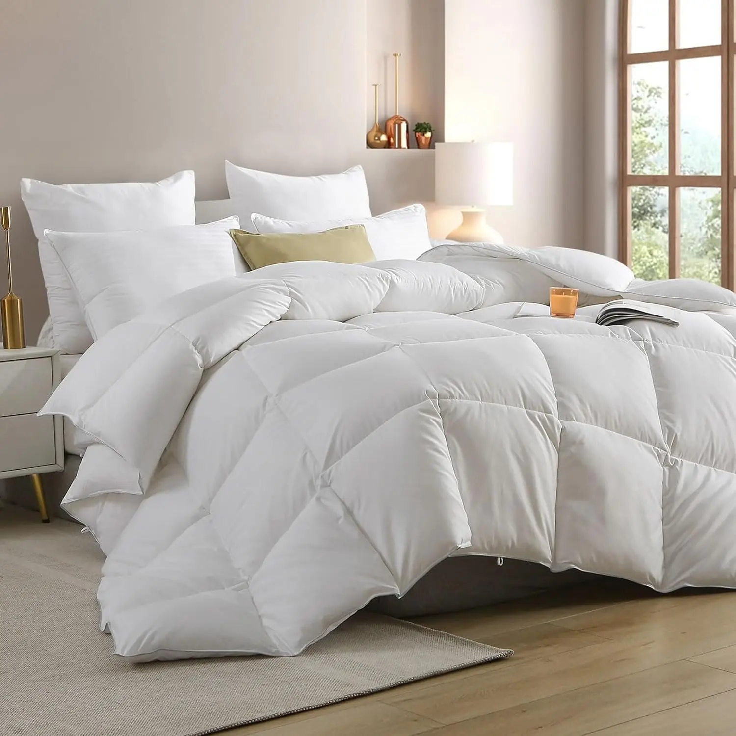 (R) Hotel Luxury  Down Comforter  Size, Medium Warm All Season Duvet Insert, Silky Soft Egyptian Cotton Blend Cover, Ethically Sourced  & Down Filled, 68x90 Inch, White