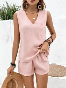 Women's V-Neck Sleeveless Casual Short Set, Loose Fit Plain Design, Basic, Perfect for Spring & Summer, Comfortable Daily Wear Womenswear
