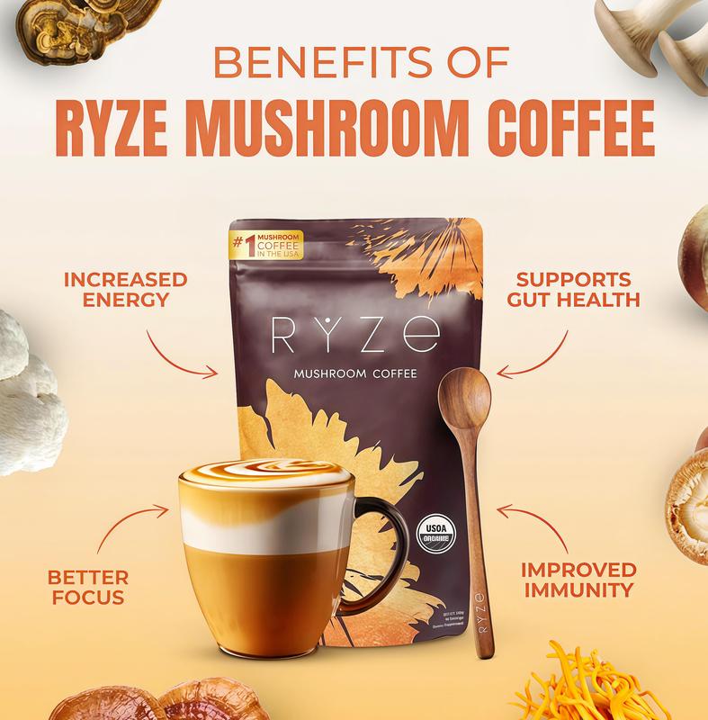 RYZE Mushroom Coffee USDA Organic with 6 Adaptogenic Mushrooms and MCT Oil SQ, USA Grown Instant Coffee for Better Energy, Focus,Digestion, lmmunity with Turkey Tail, Shiitake,Lion's Mane, 30 Servings