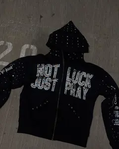 Versatile Rhinestone Hooded Sweatshirt With Lettering, New Trendy Brand, Full Of Rhinestones, Trendy And Stylish Street Style Sweatshirts Excellent Printing Technology, Not Easy to Fade or Crack, Letter Printing, Full of Layered Y2K Casual Wear