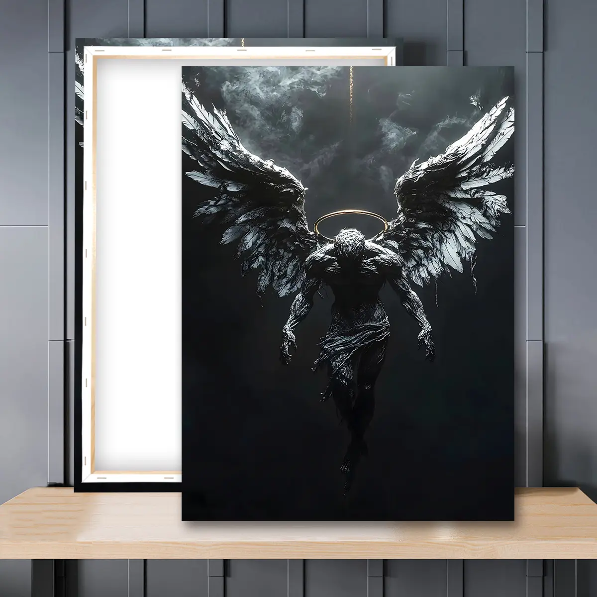 1pc Wooden Framed, Dark Fallen Angel Canvas Poster, Gothic Winged Figure Wall Art Print Painting, Modern Fantasy Artwork, Ideal For Bedroom, Living Room, Wall, Room, Home Decoration, Perfect Gift Idea, Instantly Enhance Your Space!